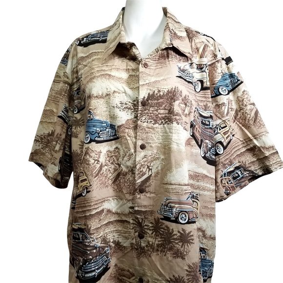 Kai Hawaii Hawaiian Shirt Woodie Wagon Car Beach Palm Tree 2XL XXL Brown Button - Picture 1 of 10